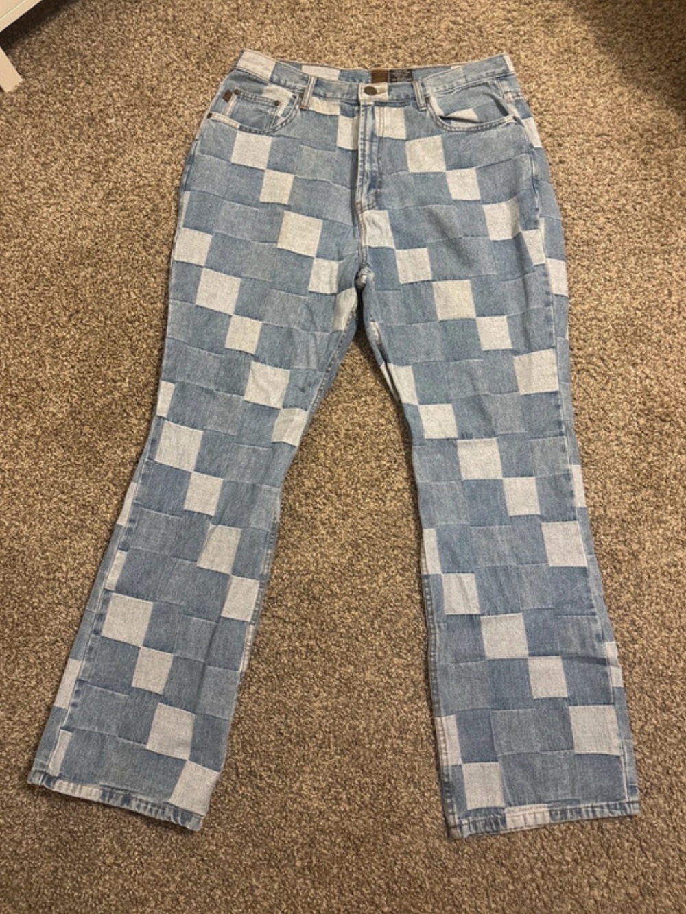 Checkerboard Blue Flare Jeans - Women's Wide Leg